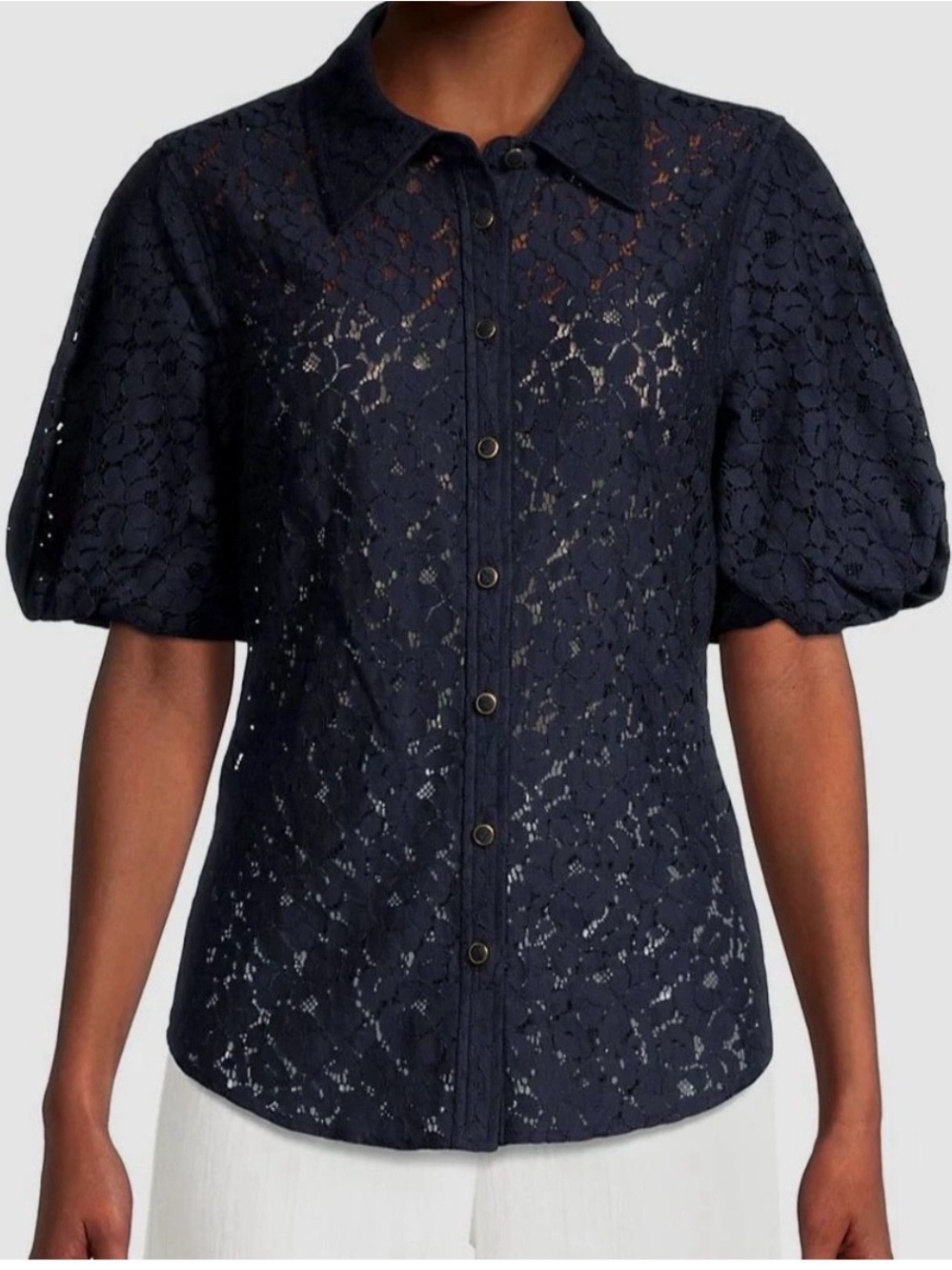 $295 Milly Womens Blue Willie Puff-Sleeve Button-Front Lace Blouse Top Size S